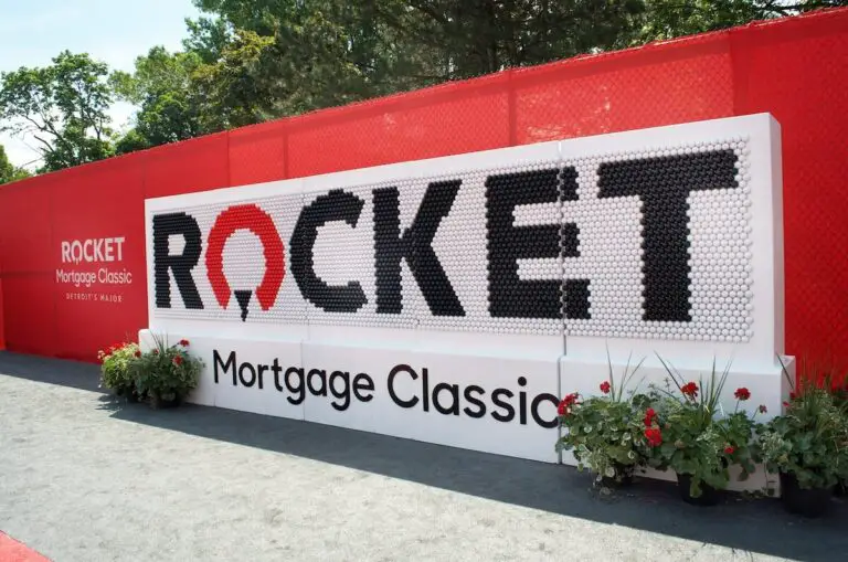 A large sign of the Rocket Mortgage logo