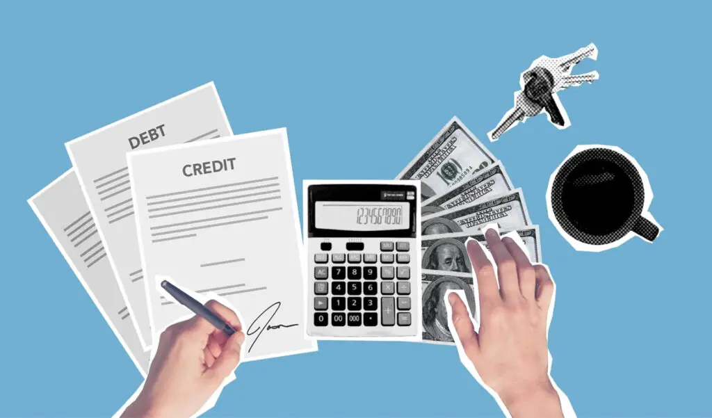 A collage of a person signing credit and debt papers