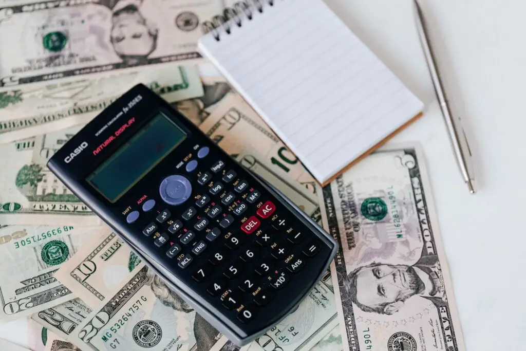  A calculator and a notepad on a pile of cash